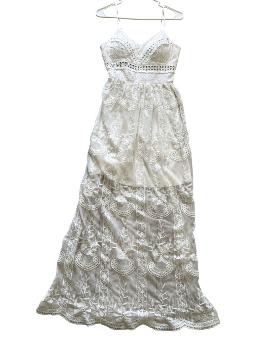 Rebellion Again White Lace Sheer Maxi Dress Lace Spaghetti Straps Lace Size M - Picture 2 of 6